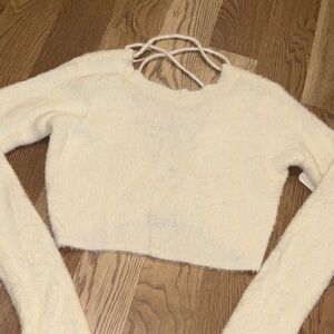 Altar'd State Cream Fuzzy Cropped Crewneck Sweater with Back Straps